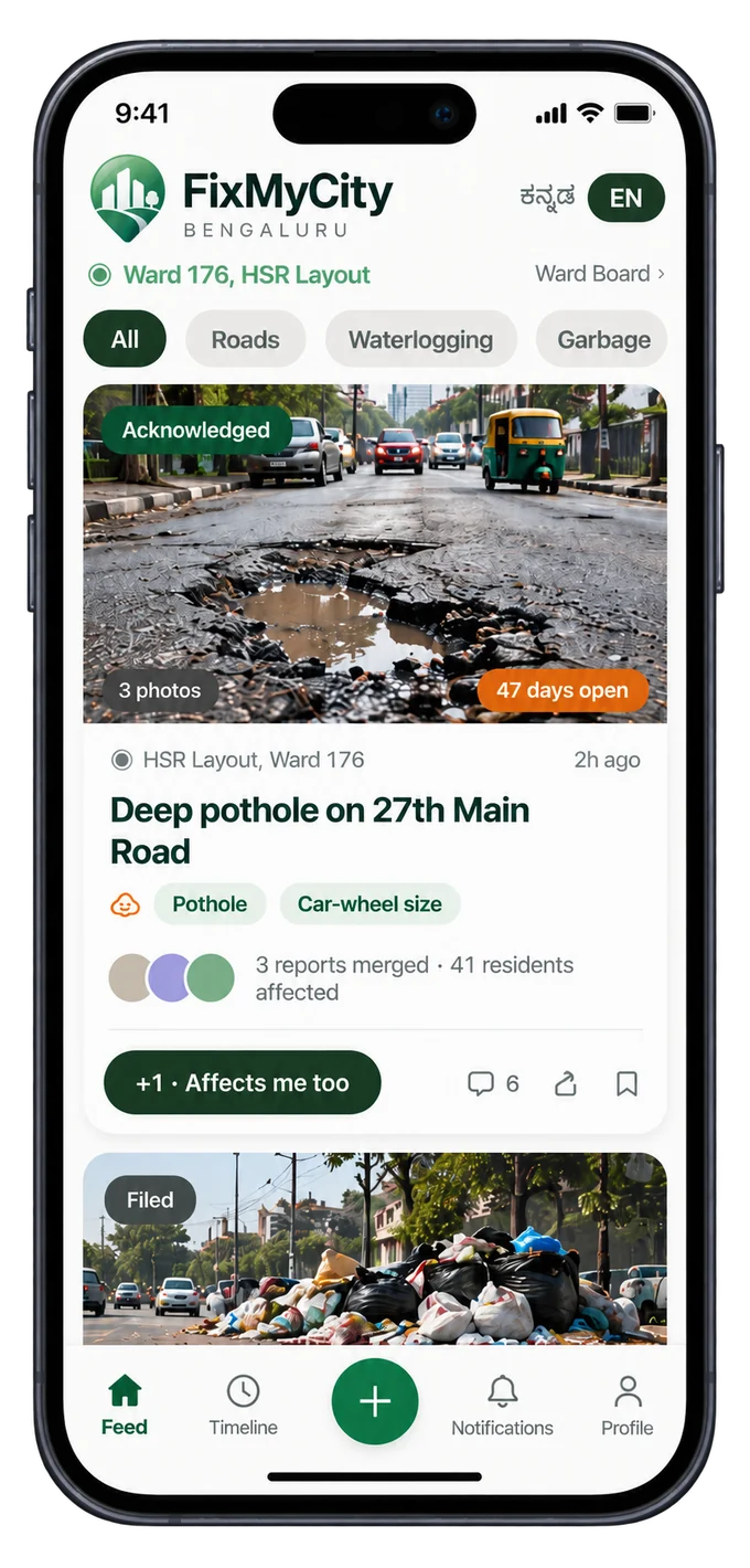 The FixMyCity app showing reports in Ward 176, HSR Layout